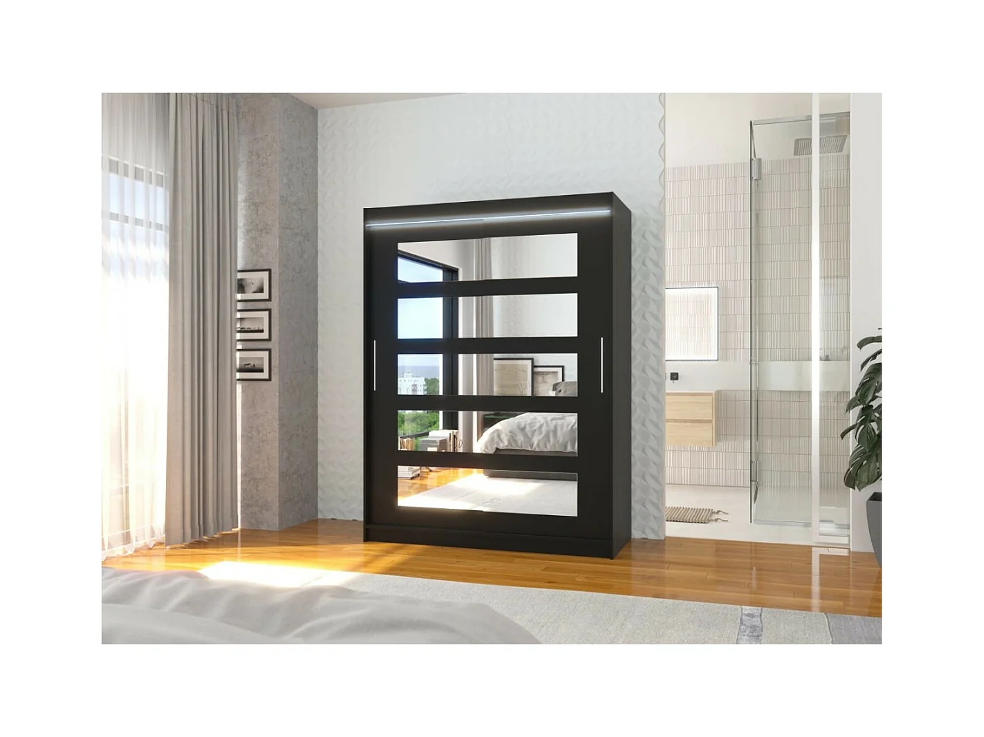 Armoire Fran (150cm)/portes coulissantes/LED/miroir/Noir