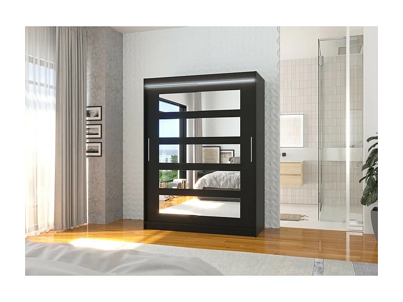 Kleiderschrank Fran(150cm)/Schiebetüren/LED/Spiegel/Schwarz