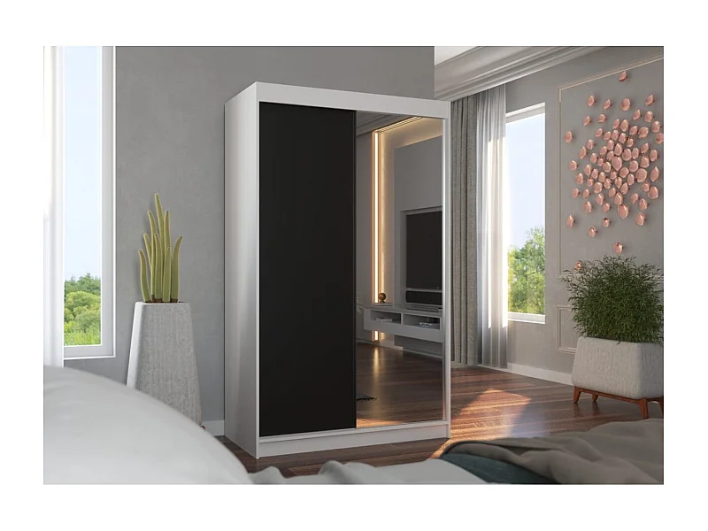 Armoire Reyna (120cm)/portes coulissantes/miroir/Blanc&Noir
