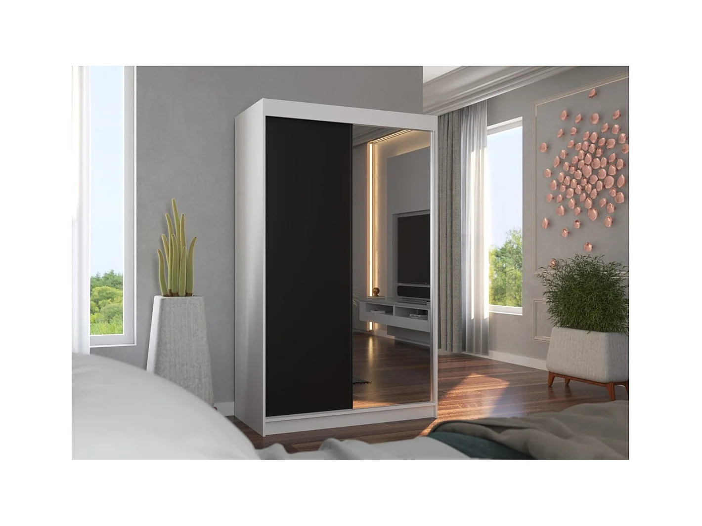Armoire Reyna (120cm)/portes coulissantes/miroir/Blanc&Noir