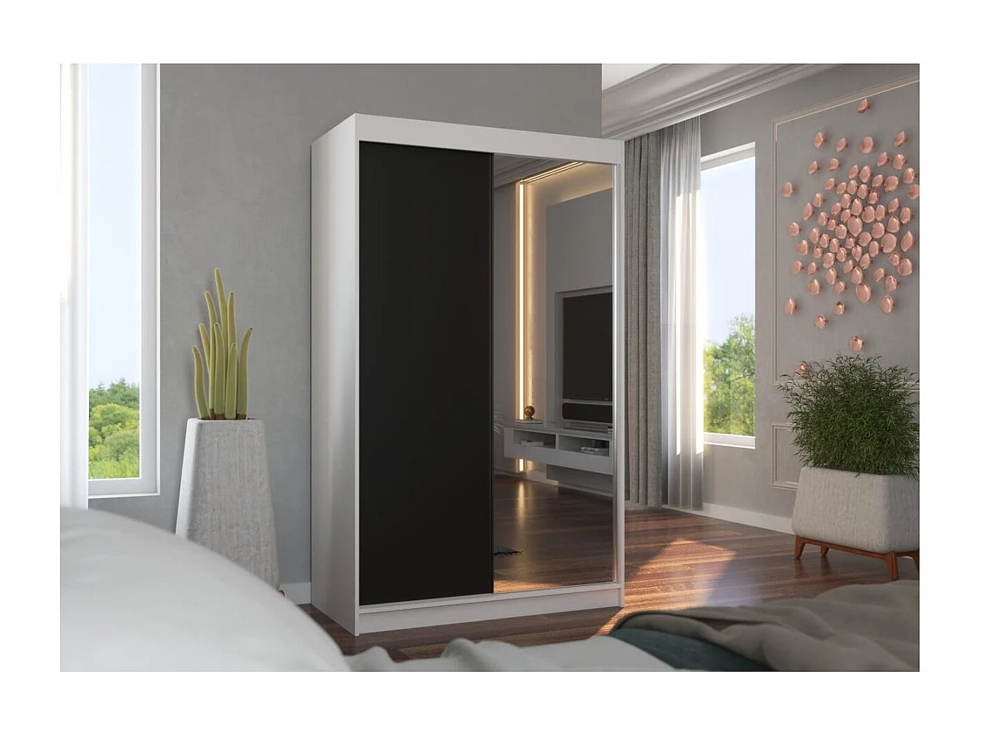 Armoire Reyna (120cm)/portes coulissantes/miroir/Blanc&Noir