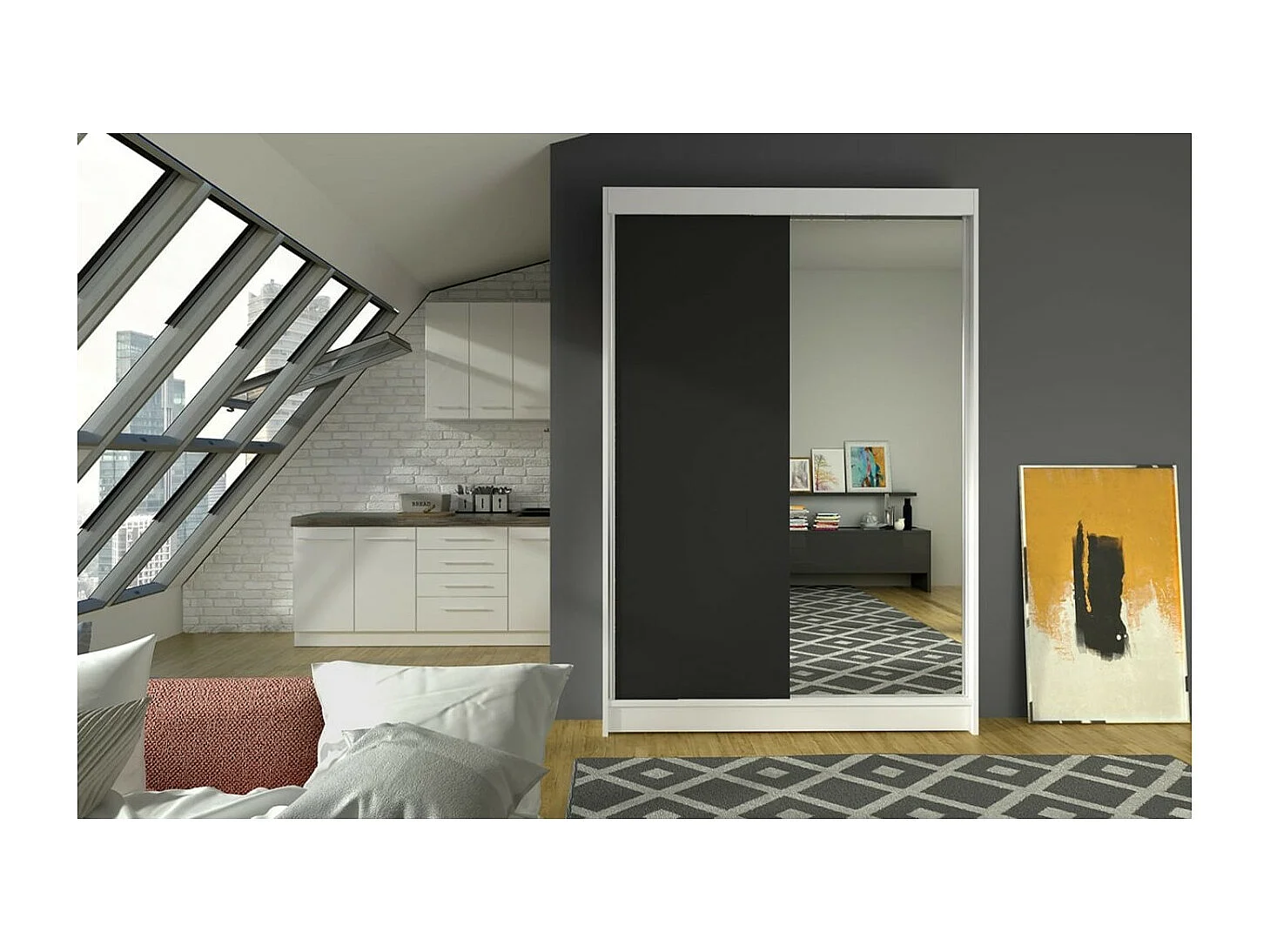 Armoire Reyna (120cm)/portes coulissantes/miroir/Blanc&Noir