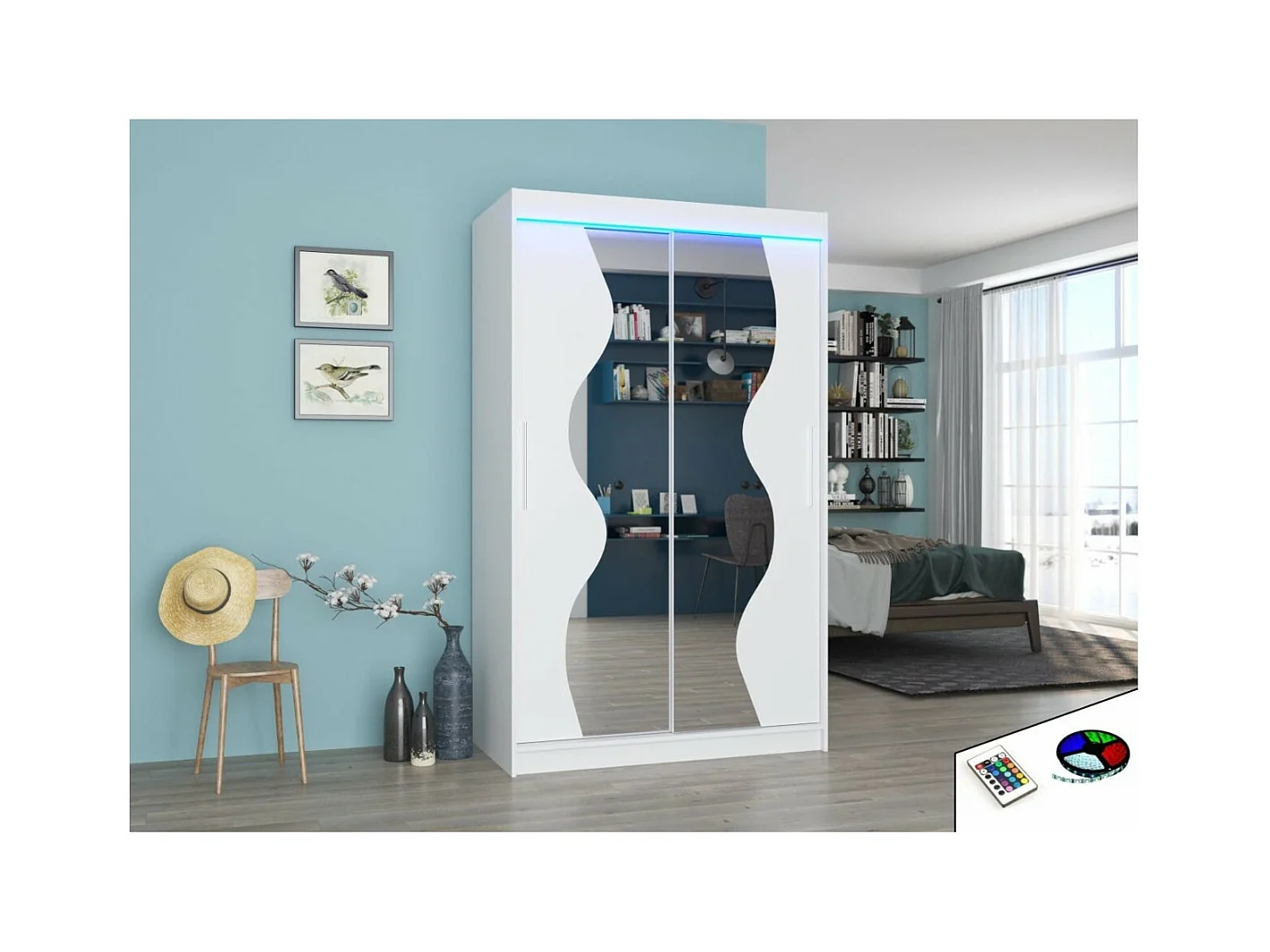Armoire Roswald (120cm)/portes coulissantes/LED/miroir/Blanc