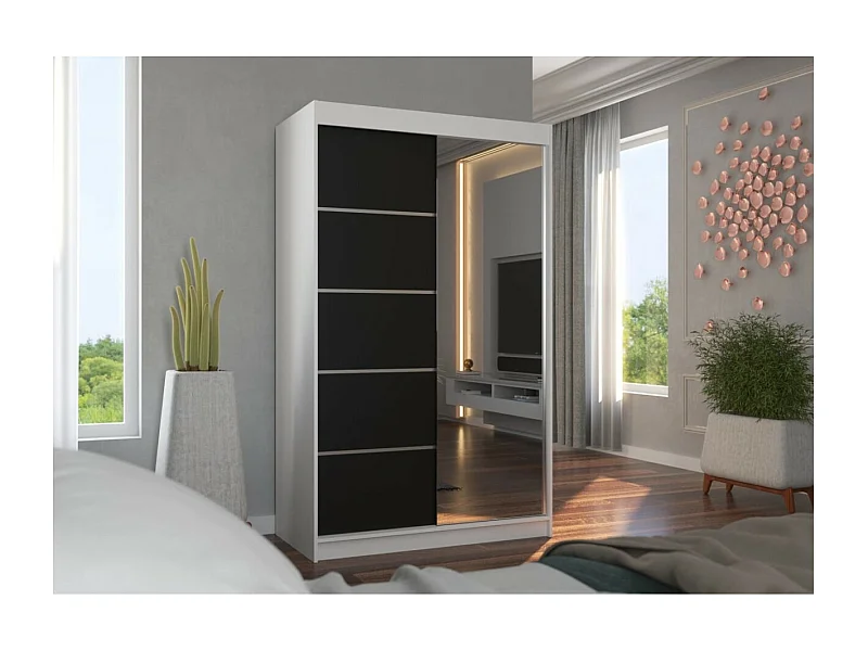 Armoire Lamma (120cm)/portes coulissantes/miroir/Blanc&Noir