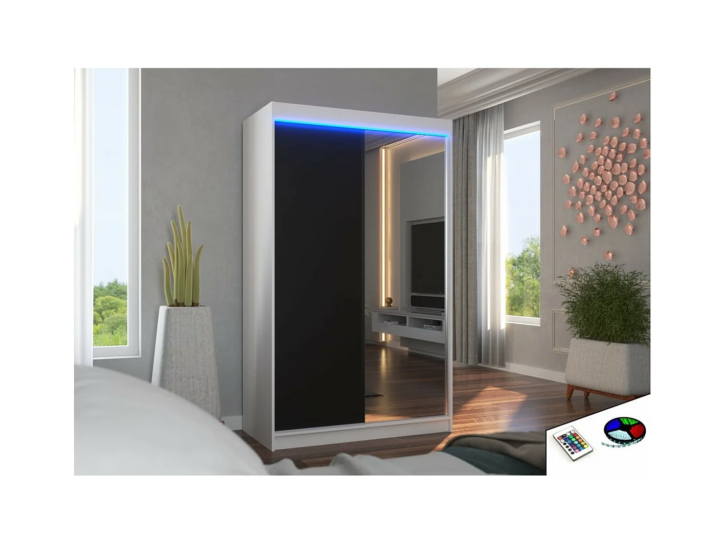 Armoire Reyna (120cm)/portes coulissantes/LED/miroir/Blanc&Noir