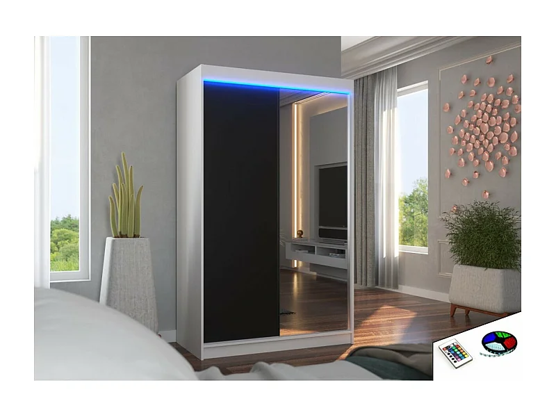 Kleiderschrank Reyna (120cm)/Schiebetüren/LED/Spiegel/Weiss&Schwarz