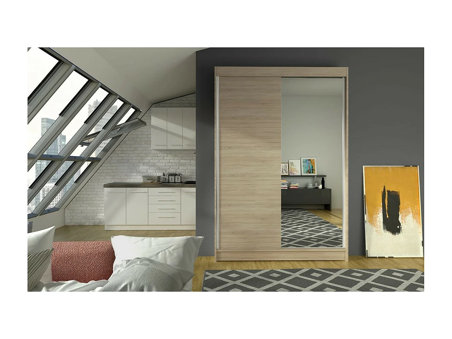 Kleiderschrank Reyna (120cm)/Schiebetüren/Spiegel/Sonoma