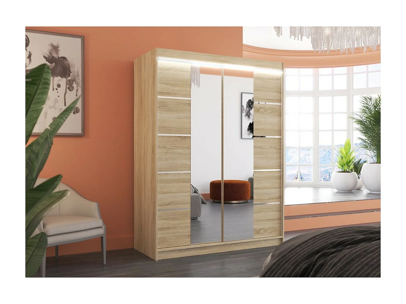 Kleiderschrank Swedy (150cm)/Schiebetüren/LED/Spiegel/Sonoma