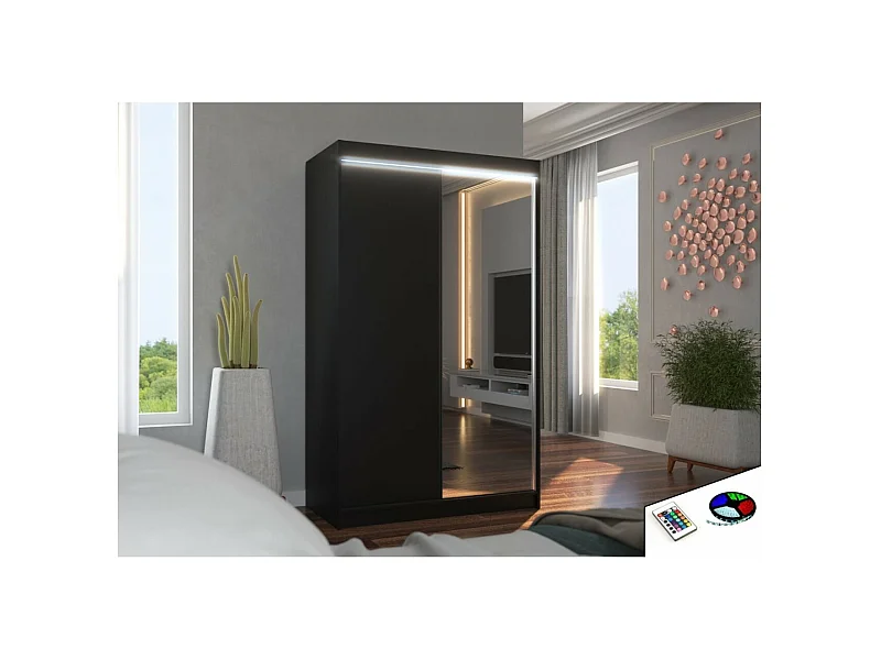Armoire Reyna (120cm)/portes coulissantes/LED/miroir/Noir
