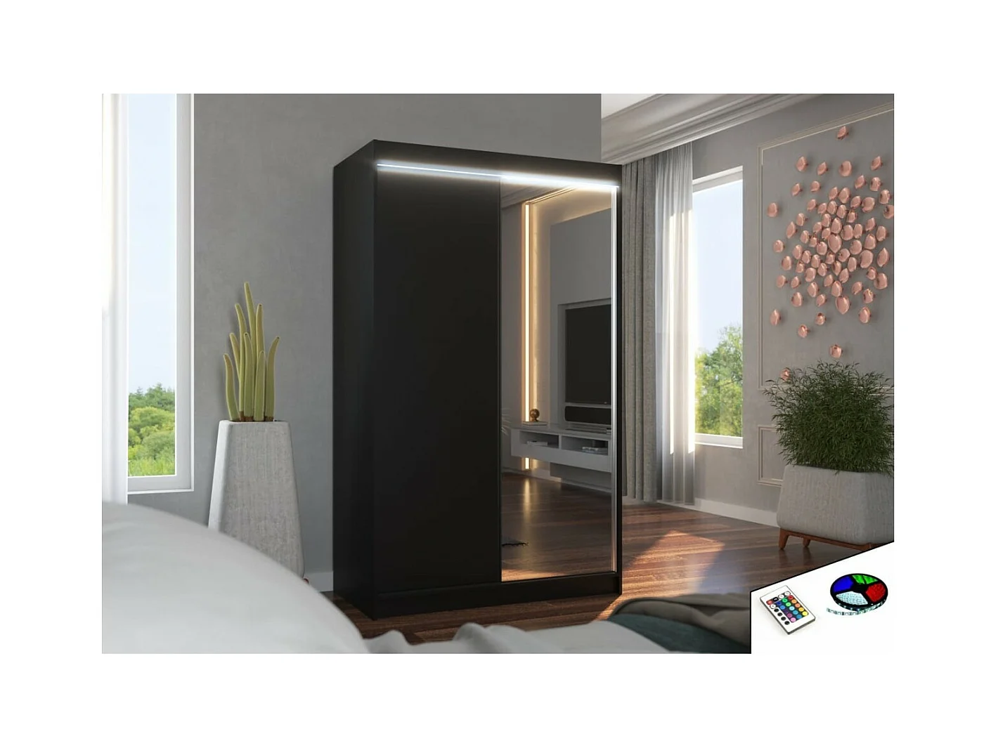 Armoire Reyna (120cm)/portes coulissantes/LED/miroir/Noir