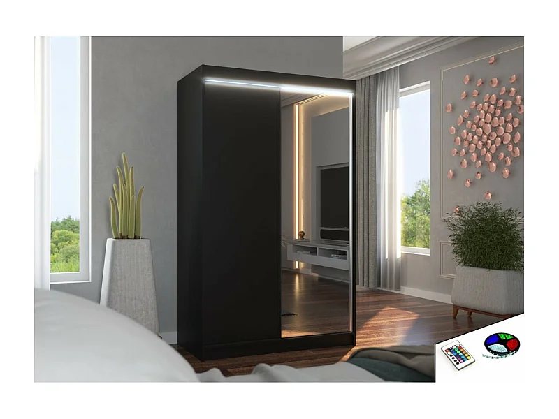 Kleiderschrank Reyna (120cm)/Schiebetüren/LED/Spiegel/Schwarz