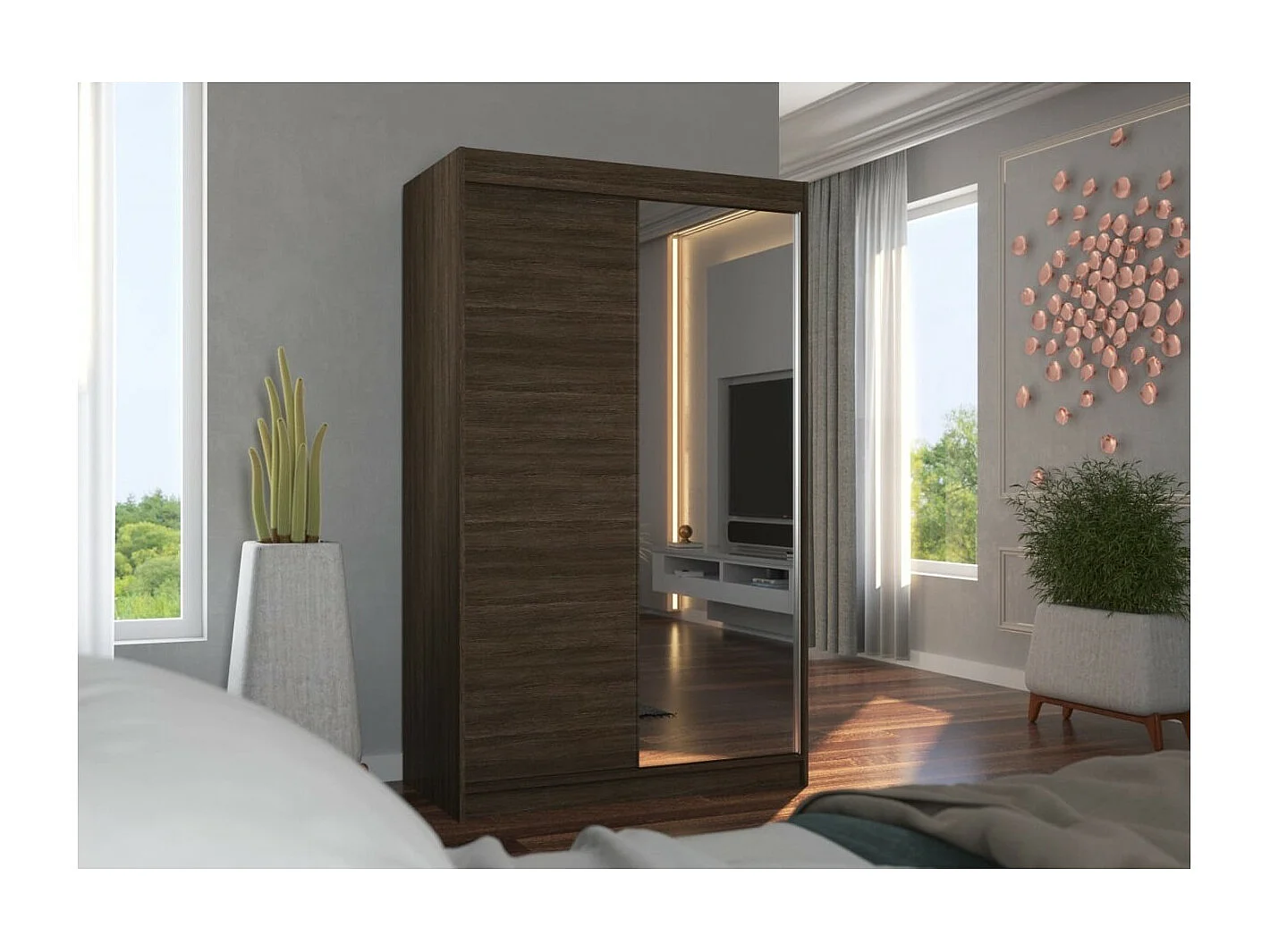 Armoire Reyna (120cm)/portes coulissantes/miroir/Marron