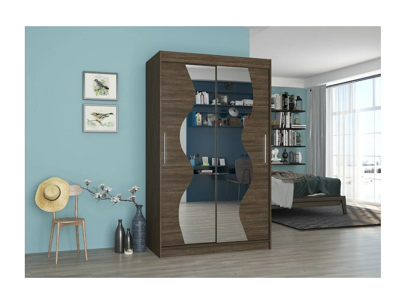 Kleiderschrank Roswald(120cm)/Schiebetüren/Spiegel/Braun