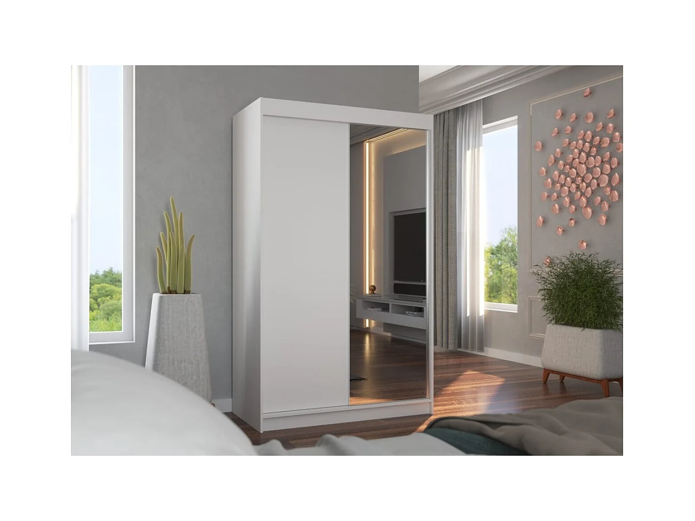 Armoire Reyna (120cm)/portes coulissantes/miroir/Blanc