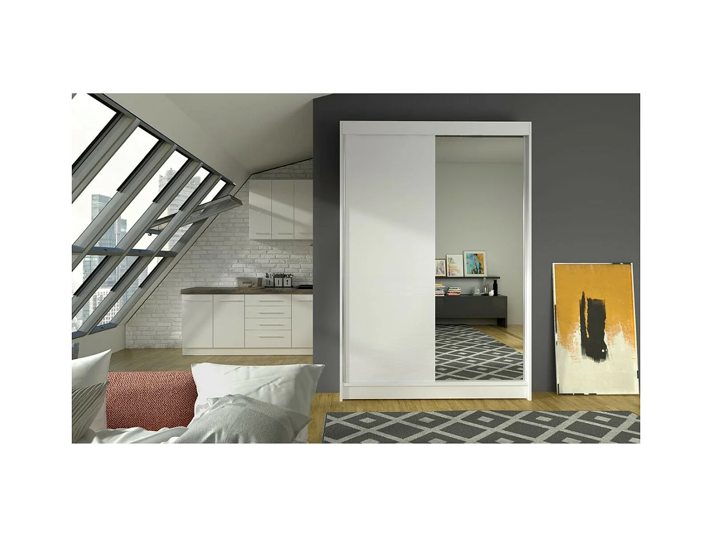 Armoire Reyna (120cm)/portes coulissantes/miroir/Blanc