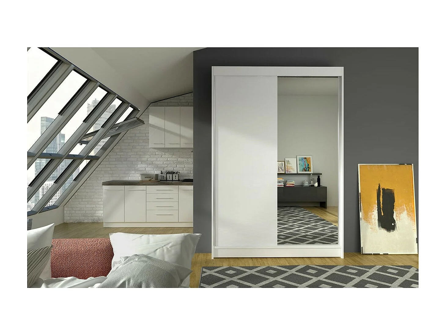 Kleiderschrank Reyna (120cm)/Schiebetüren/Spiegel/Weiss