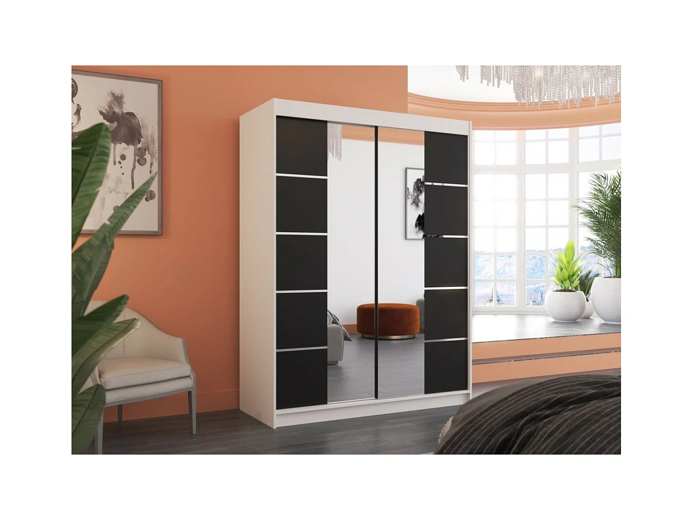 Armadio Swedy (150cm)/ante scorrevoli/specchio/Bianco&Nero