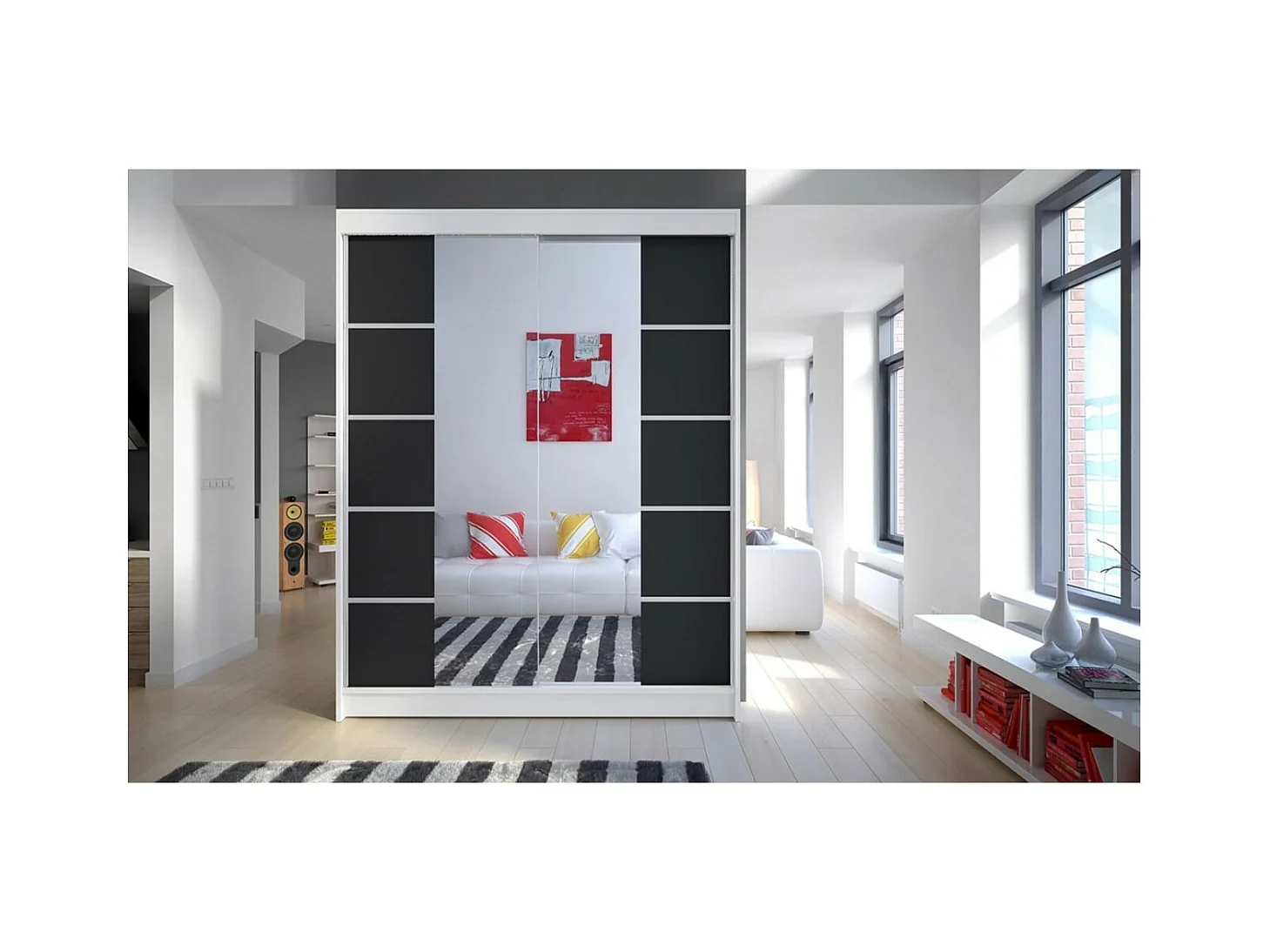 Armadio Swedy (150cm)/ante scorrevoli/specchio/Bianco&Nero