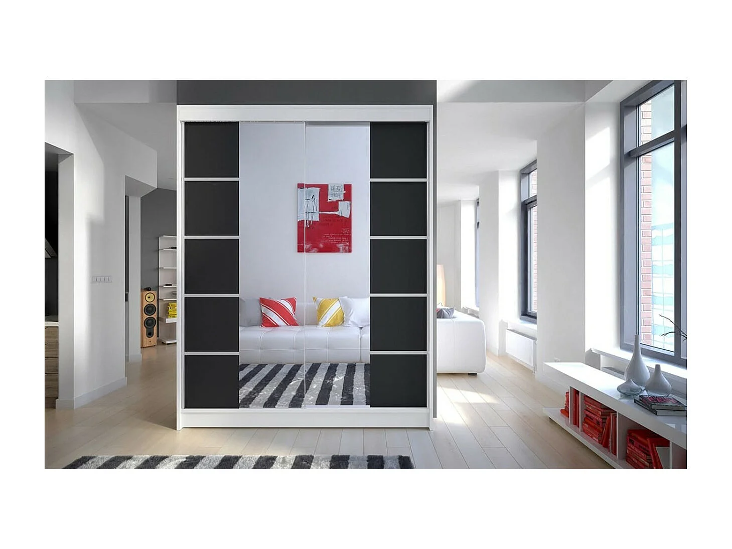 Armoire Swedy (150cm)/portes coulissantes/miroir/Blanc&Noir