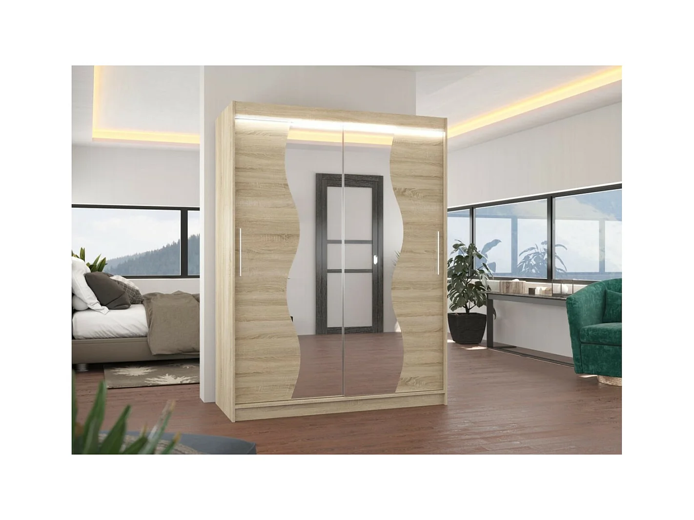 Armadio Lenzo (150cm)/ante scorrevoli/LED/specchio/Sonoma