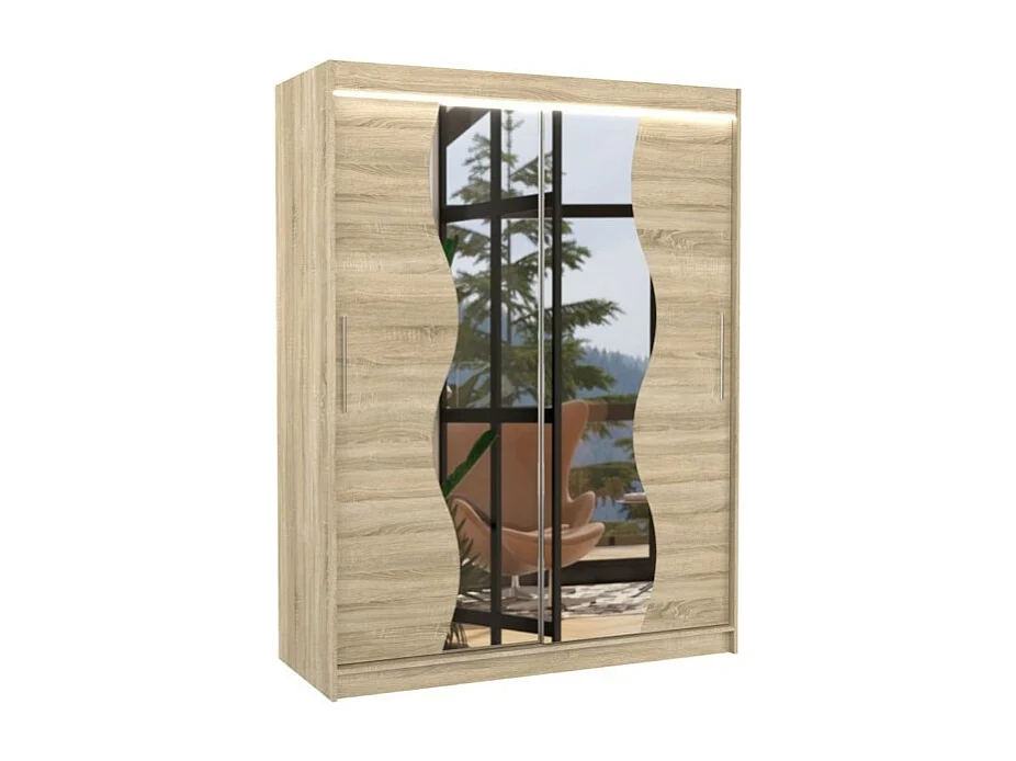 Armadio Lenzo (150cm)/ante scorrevoli/LED/specchio/Sonoma