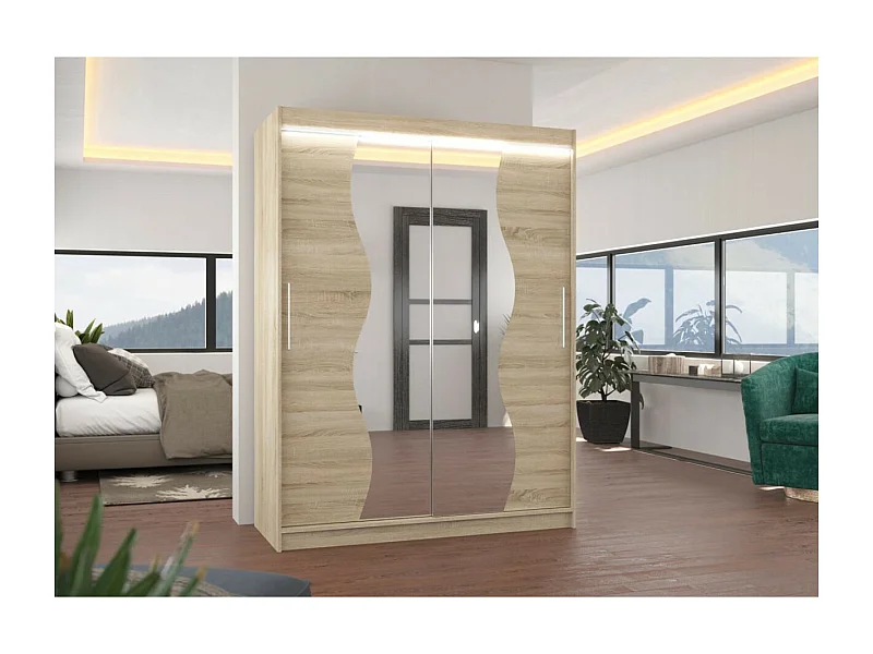 Kleiderschrank Lenzo (150cm)/Schiebetüren/LED/Spiegel/Sonoma