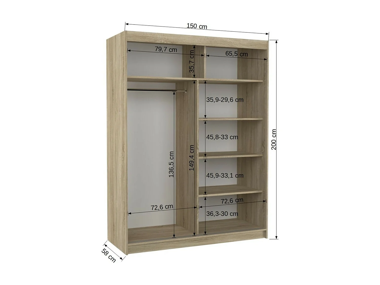 Armoire Fran (150cm)/portes coulissantes/miroir/Sonoma