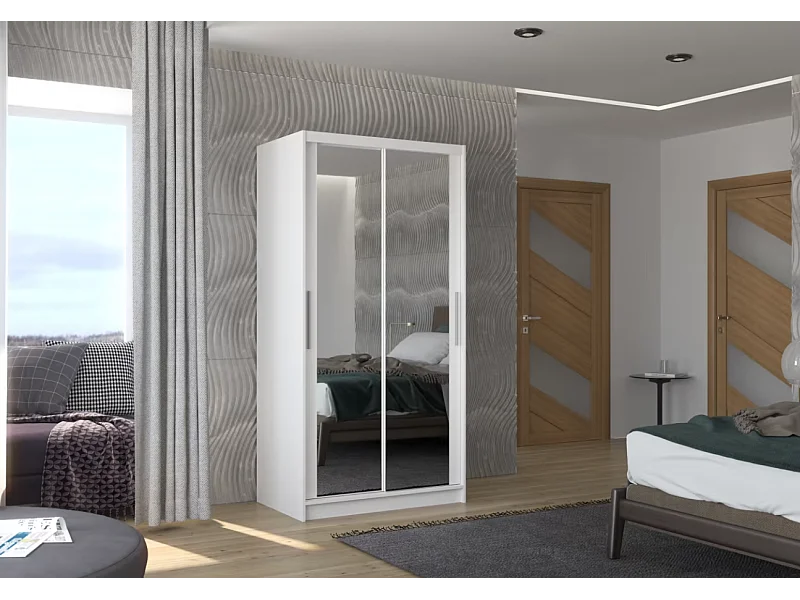 Armoire Rivio (100cm)/portes coulissantes/miroir/Blanc