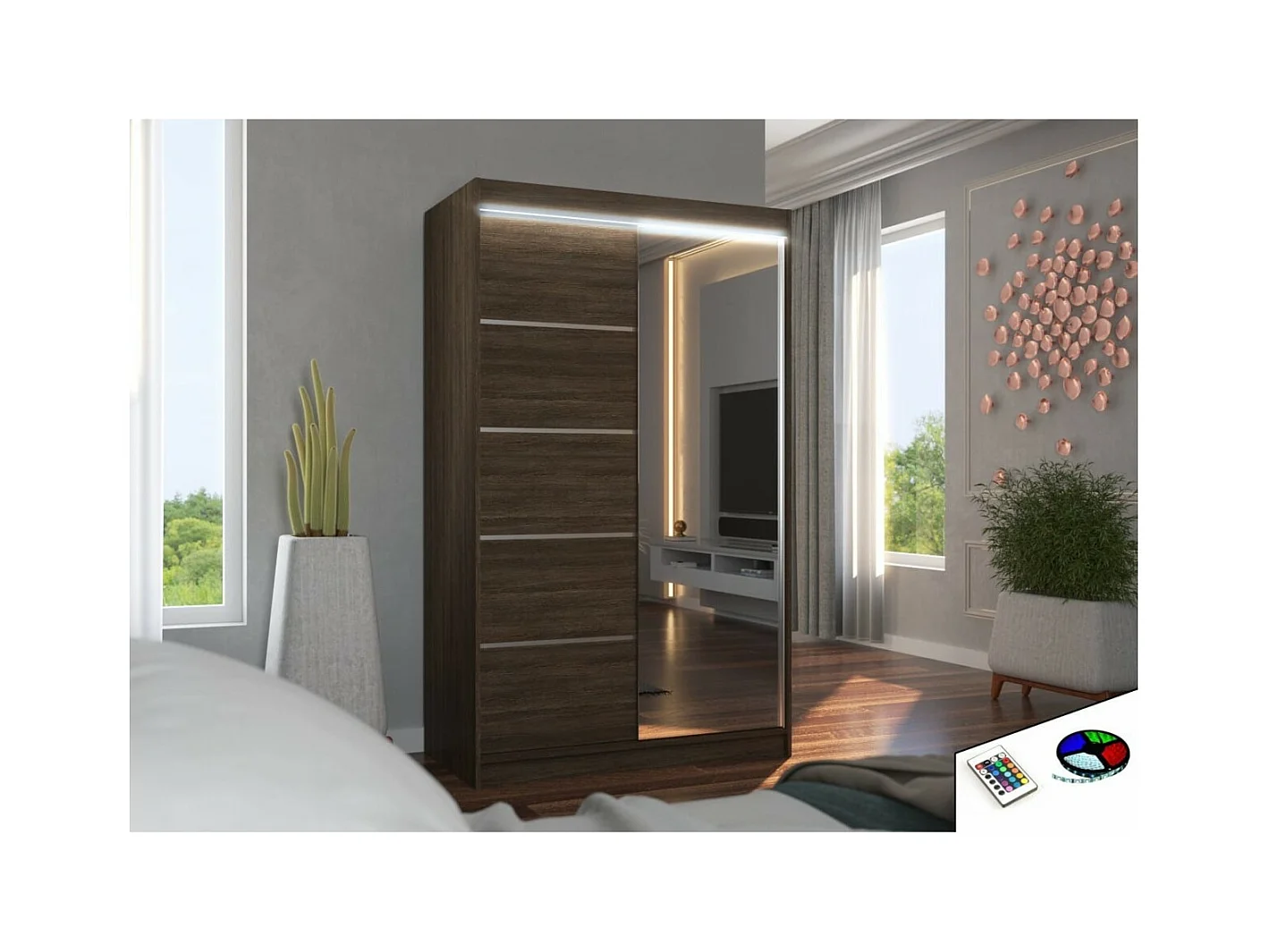 Armoire Lamma (120cm)/portes coulissantes/LED/miroir/Marron