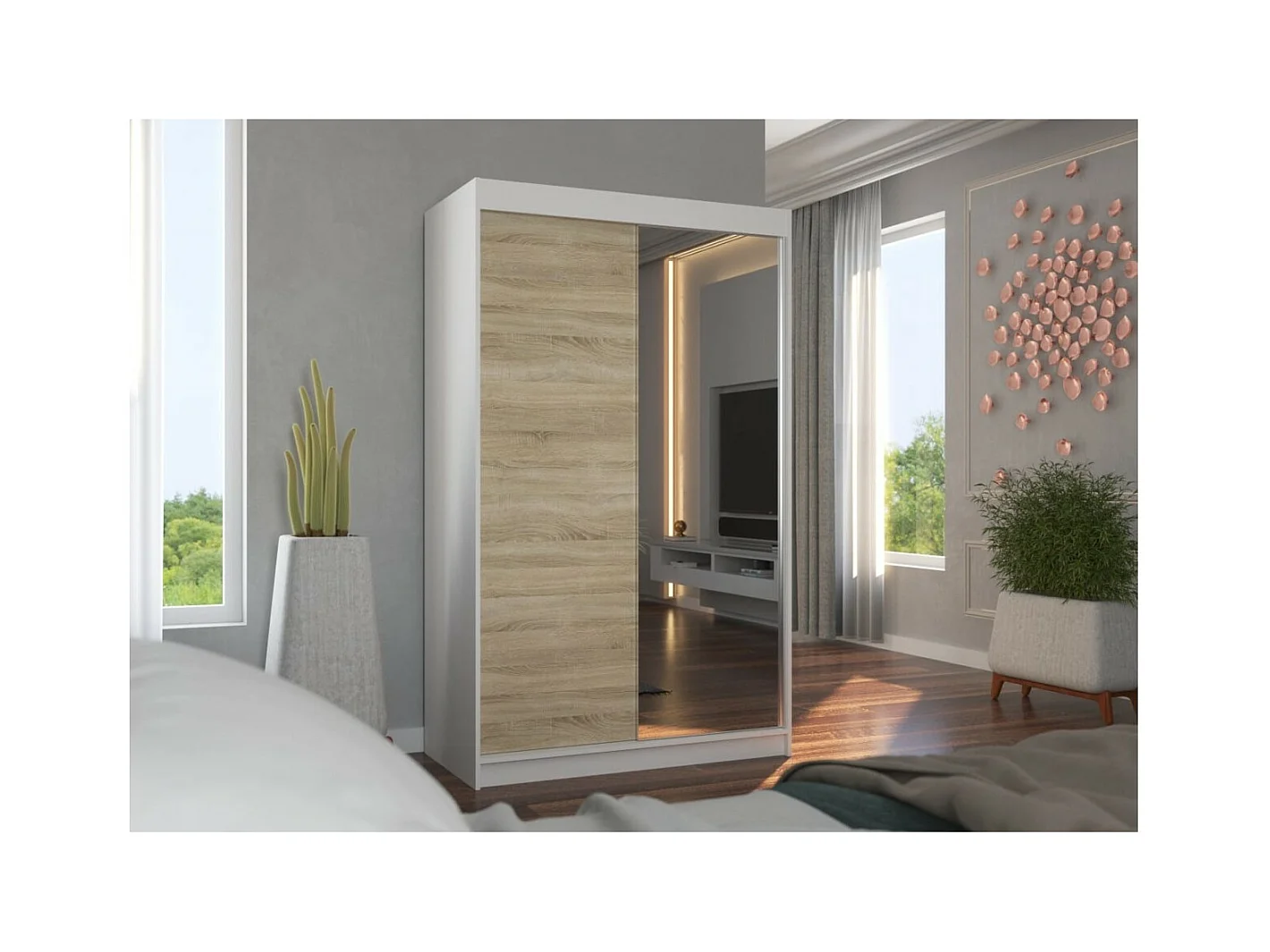 Armoire Reyna (120cm)/portes coulissantes/miroir/Blanc&Sonoma