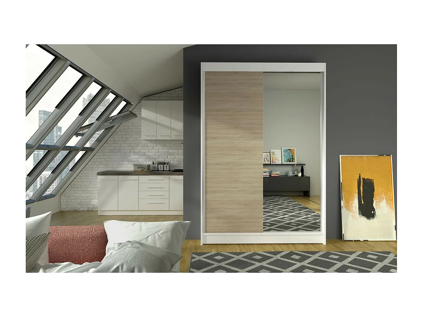 Armoire Reyna (120cm)/portes coulissantes/miroir/Blanc&Sonoma