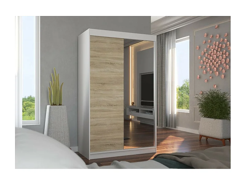 Kleiderschrank Reyna (120cm)/Schiebetüren/Spiegel/Weiss&Sonoma