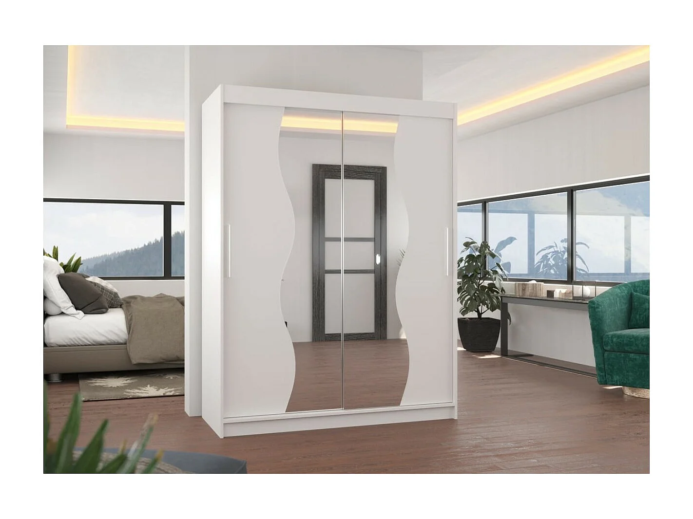 Armadio Lenzo (150cm)/ante scorrevoli/specchio/Bianco