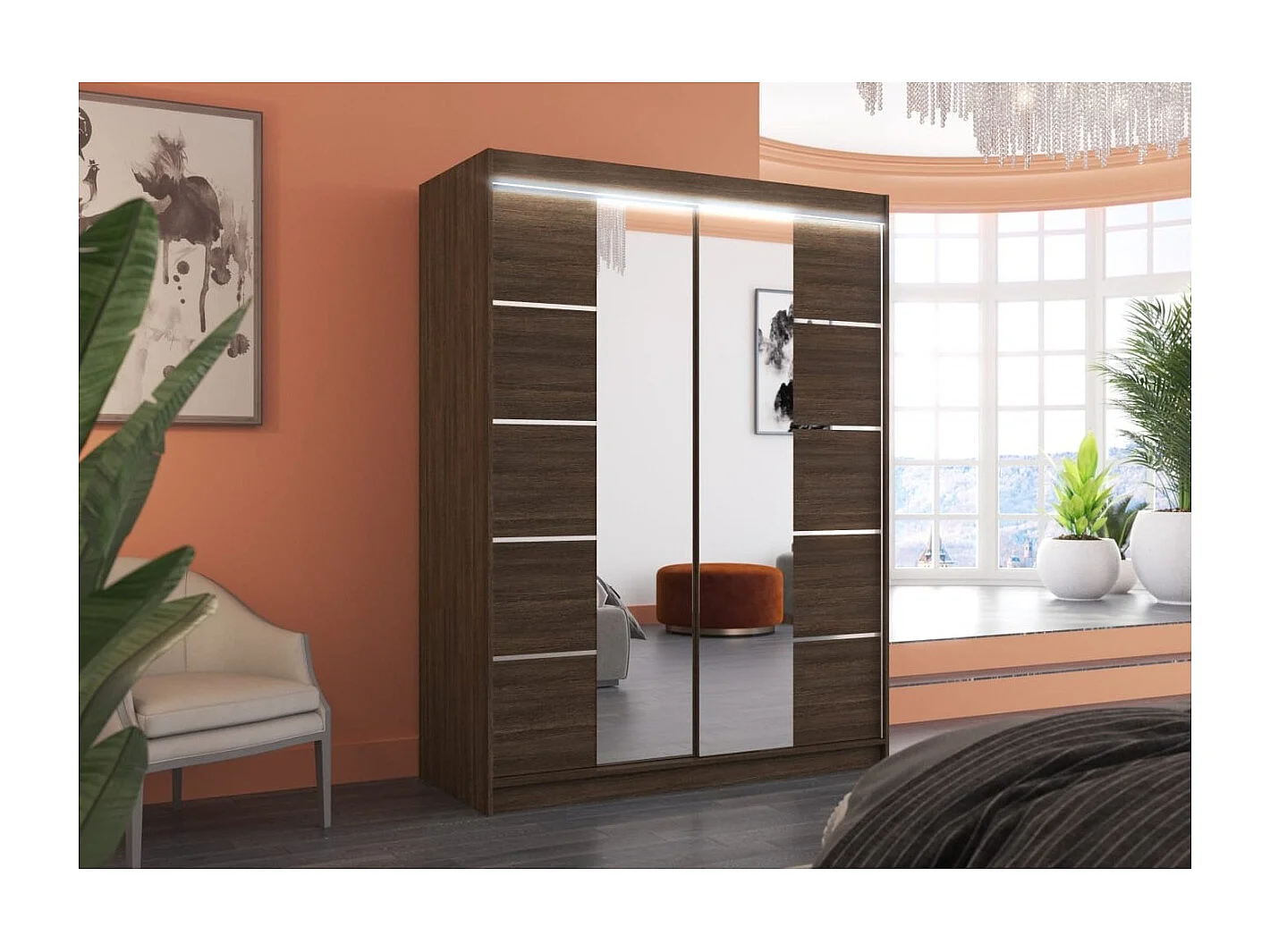 Armoire Swedy (150cm)/portes coulissantes/LED/miroir/Marron