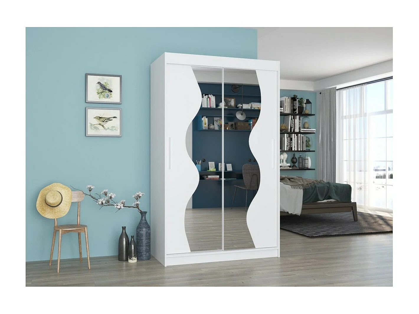 Armadio Roswald (120cm)/ante scorrevoli/specchio/Bianco