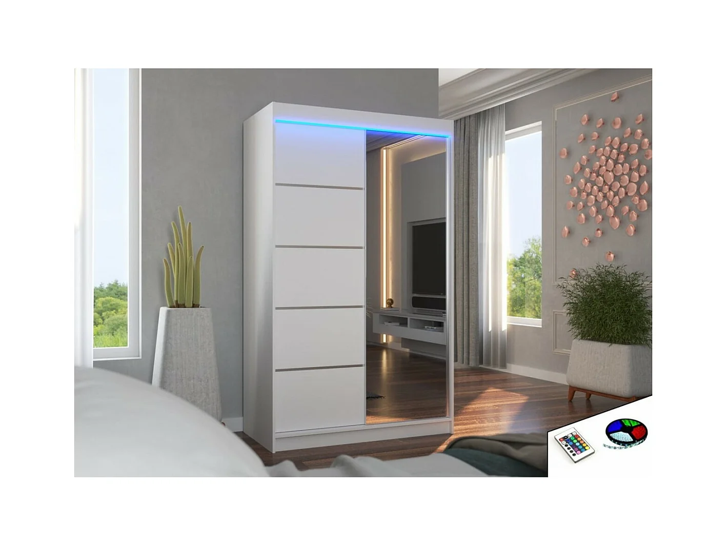 Armoire Lamma (120cm)/portes coulissantes/LED/miroir/Blanc