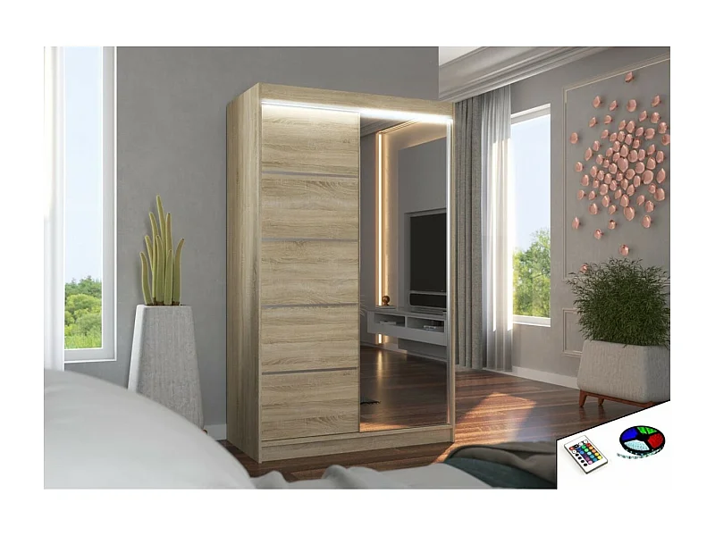 Armoire Lamma (120cm)/portes coulissantes/LED/miroir/Sonoma