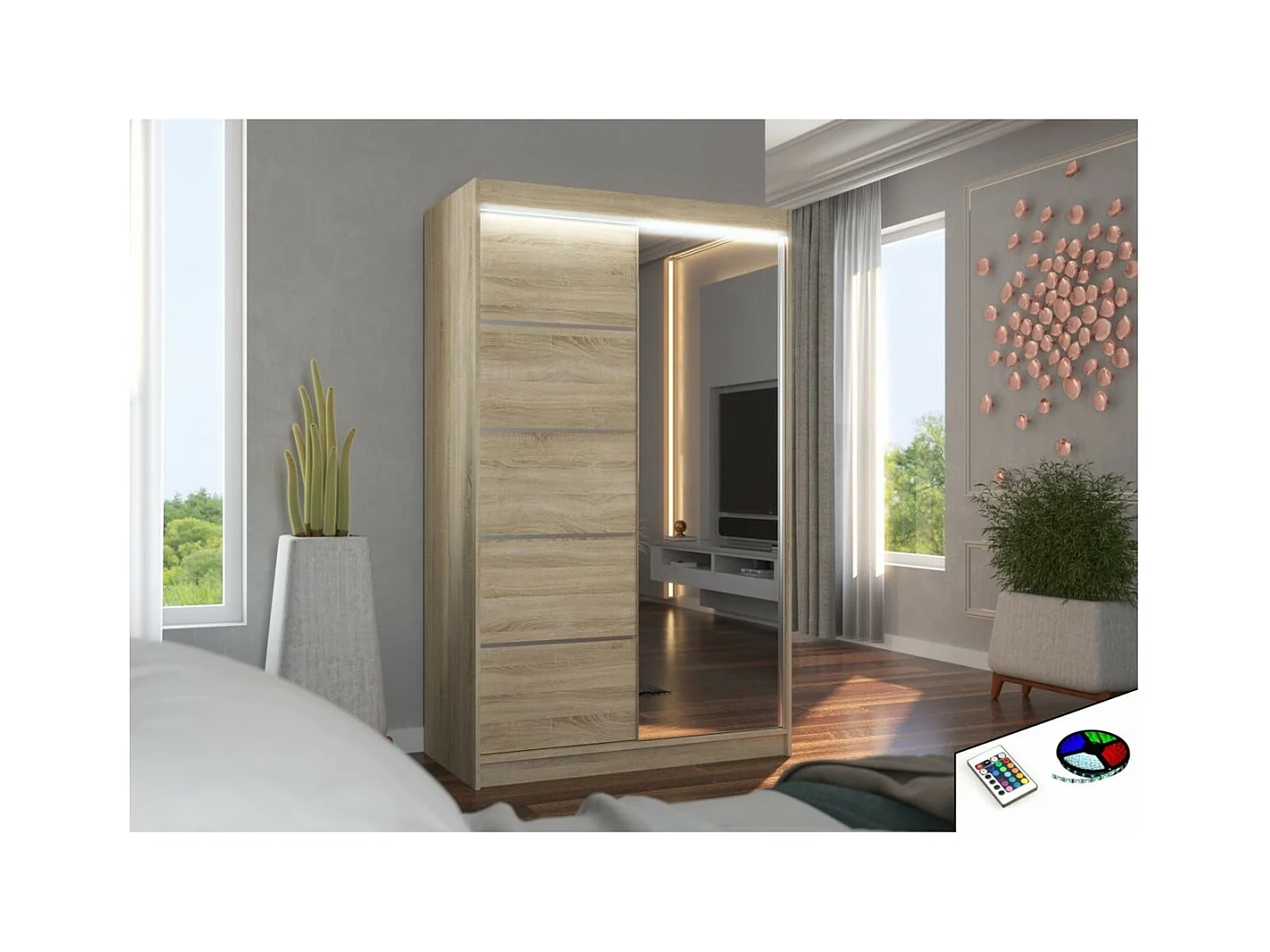 Armoire Lamma (120cm)/portes coulissantes/LED/miroir/Sonoma