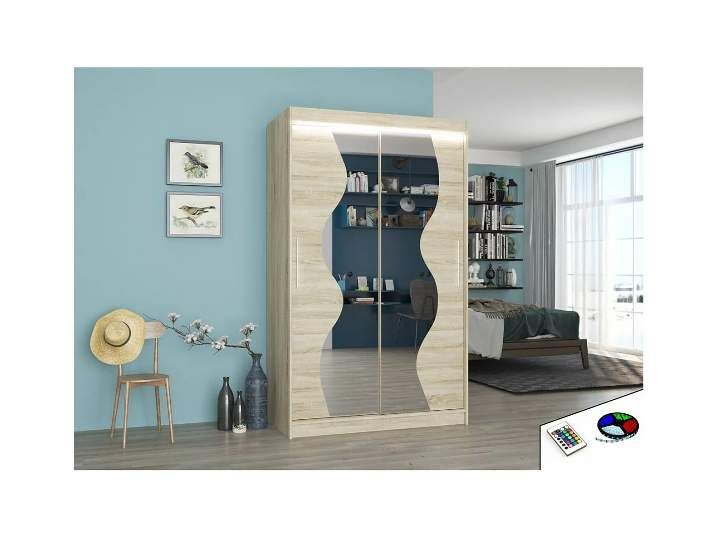 Armoire Roswald (120cm)/portes coulissantes/LED/miroir/Sonoma