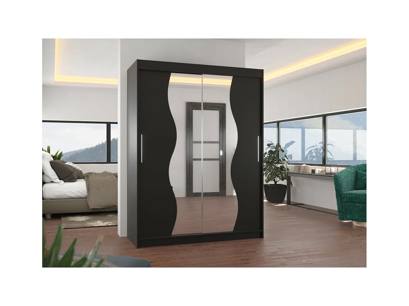 Armadio Lenzo (150cm)/ante scorrevoli/specchio/Nero