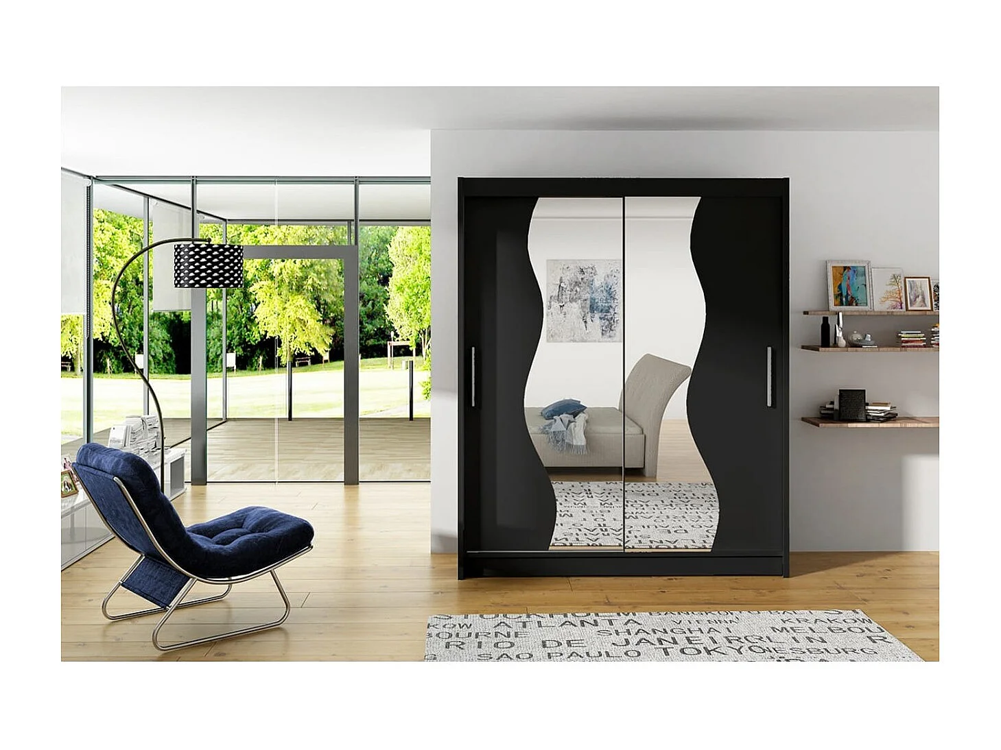 Armoire Lenzo (150cm)/portes coulissantes/miroir/Noir