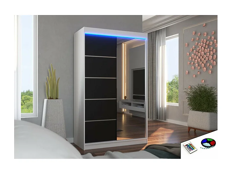 Kleiderschrank Lamma (120cm)/Schiebetüren/LED/Spiegel/Weiss&Schwarz