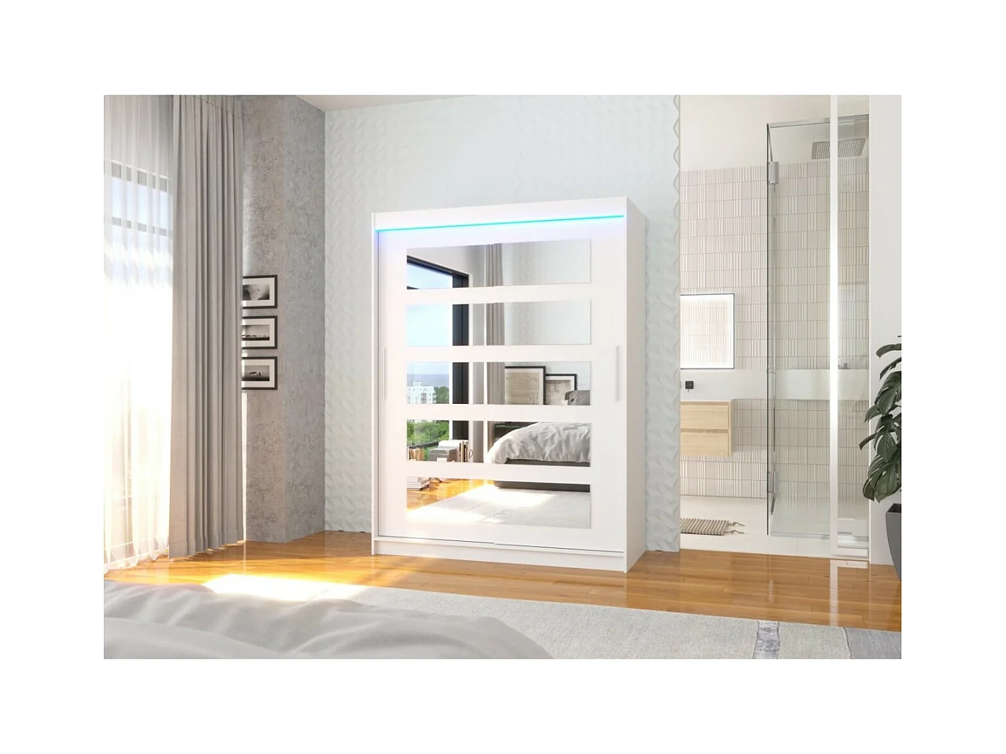 Armoire Fran (150cm)/portes coulissantes/LED/miroir/Blanc
