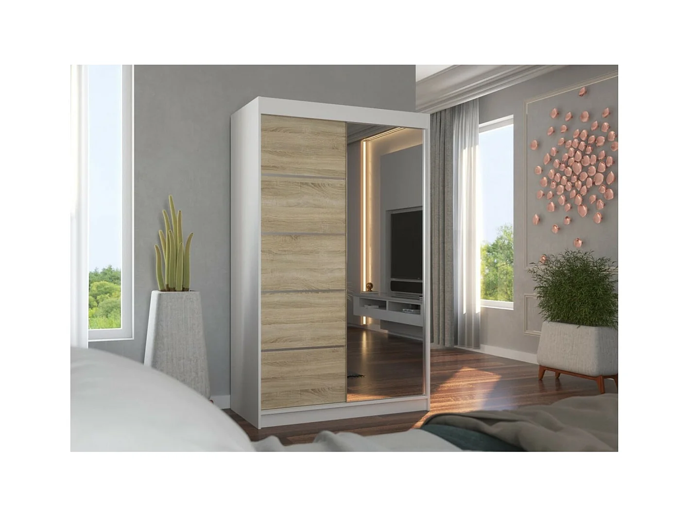 Armadio Lamma (120 cm)/ante scorrevoli/specchio/Bianco&Sonoma