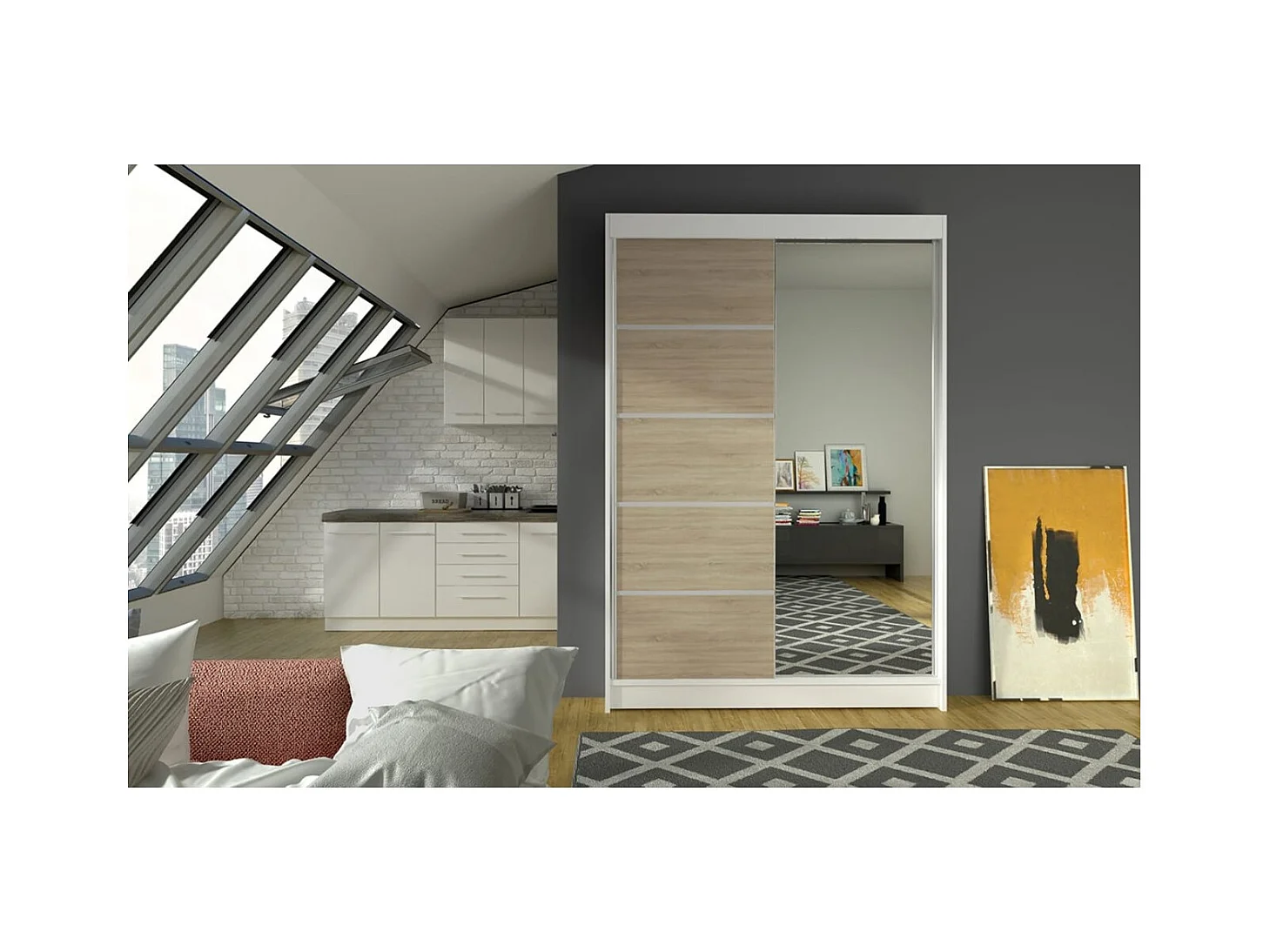 Armadio Lamma (120 cm)/ante scorrevoli/specchio/Bianco&Sonoma