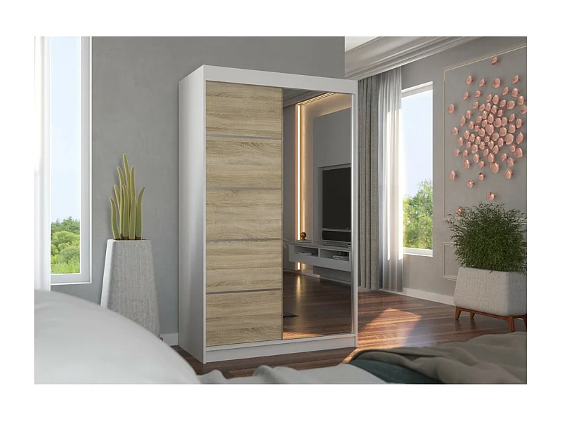 Kleiderschrank Lamma (120cm)/Schiebetüren/Spiegel/Weiss&Sonoma