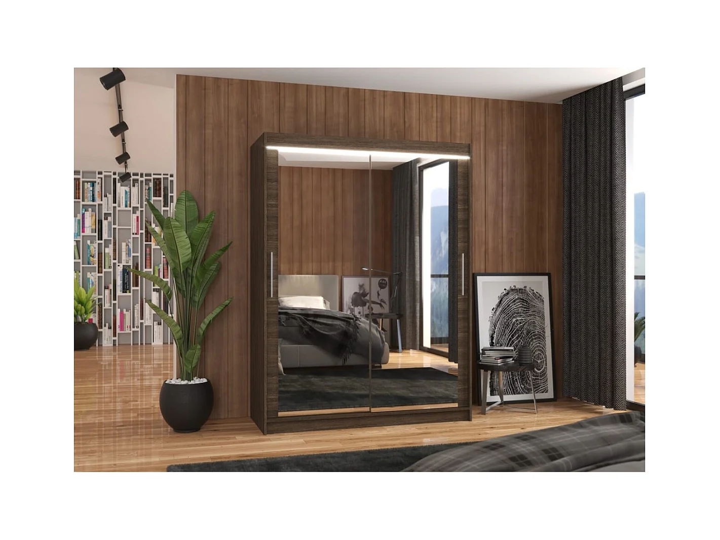 Armadio Vermo (150cm)/ante scorrevoli/LED/specchio/Marrone