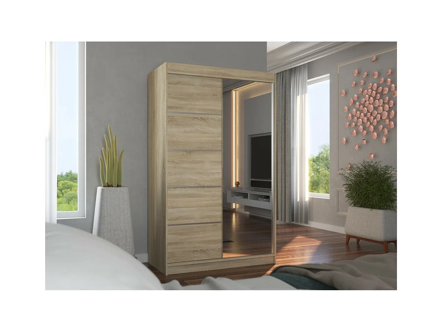 Kleiderschrank Lamma (120cm)/Schiebetüren/Spiegel/Sonoma