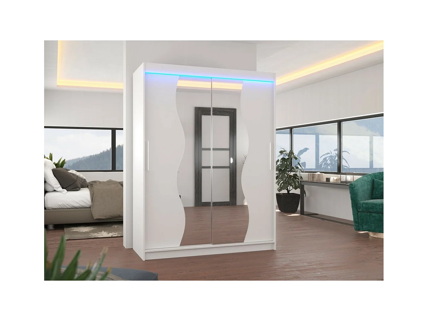 Armoire Lenzo (150cm)/portes coulissantes/LED/miroir/Blanc