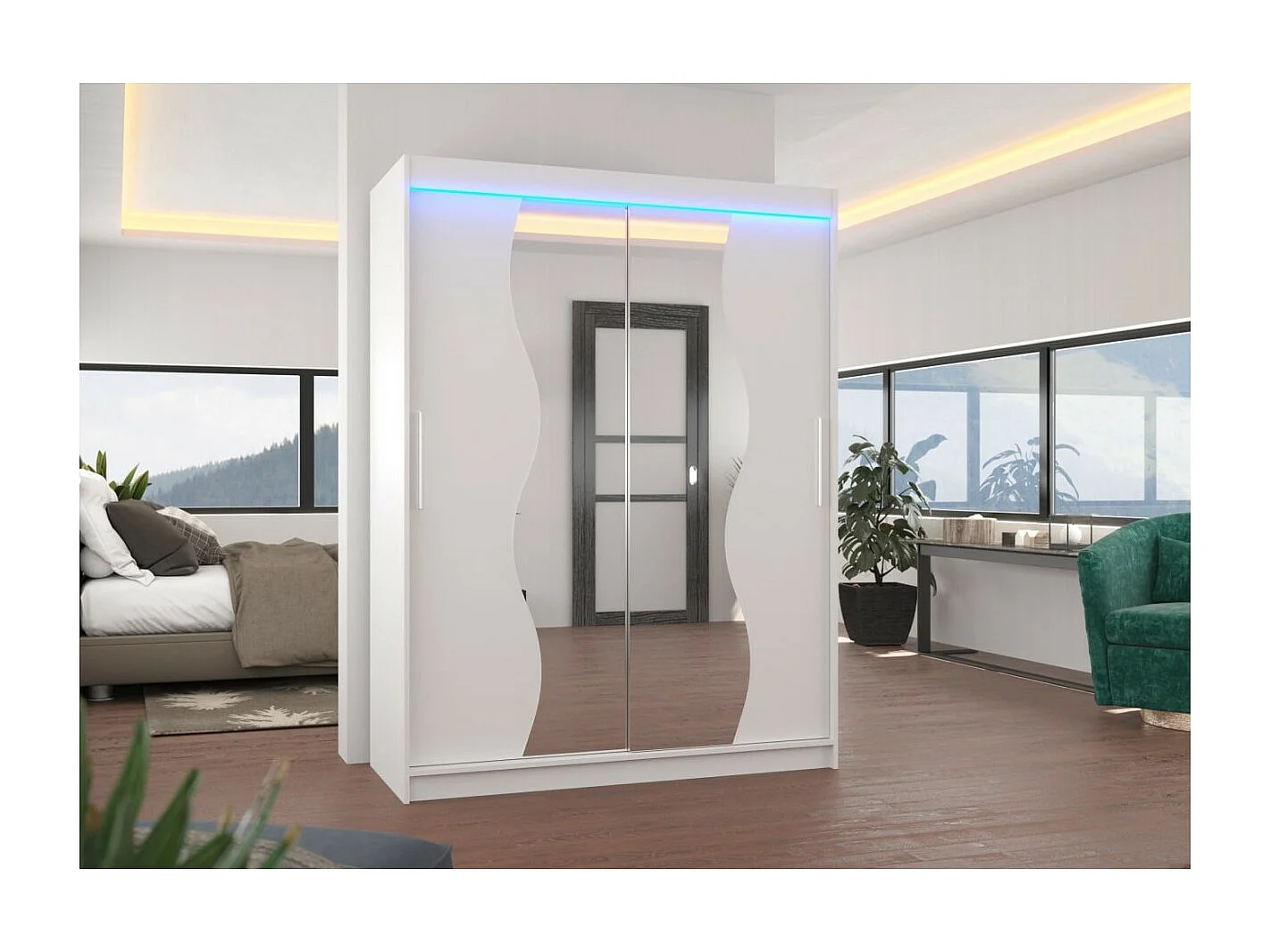 Kleiderschrank Lenzo (150cm)/Schiebetüren/LED/Spiegel/Weiss